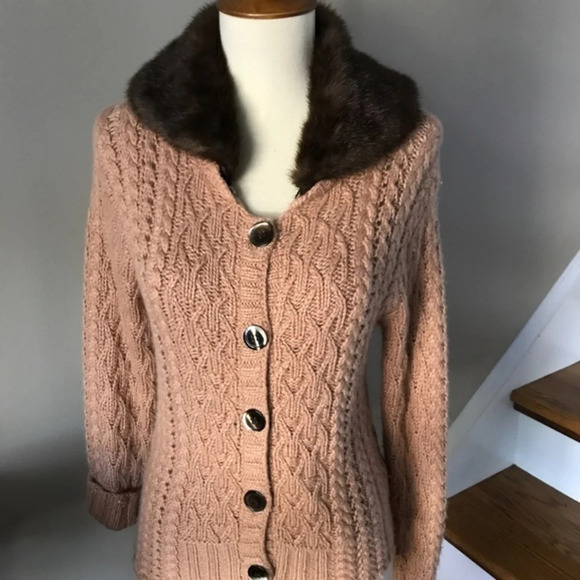 Ballinger Gold Camel Cable Knit  Fur Cardigan  SM - Picture 2 of 8
